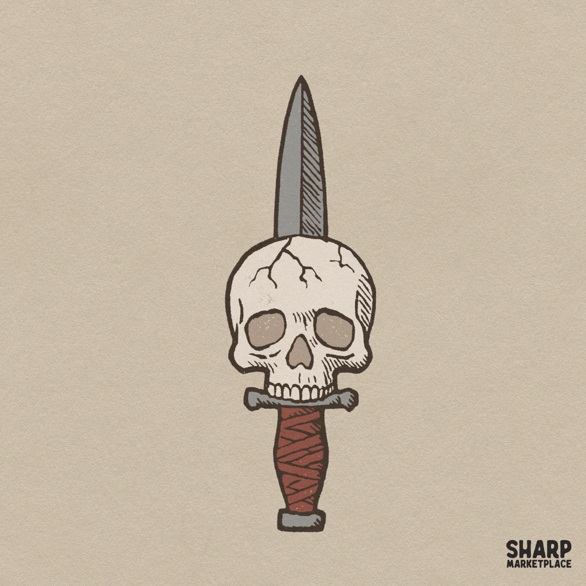 Traditional tattoo style dagger piercing a skull retro PNG for Halloween shirts and spooky sublimation designs