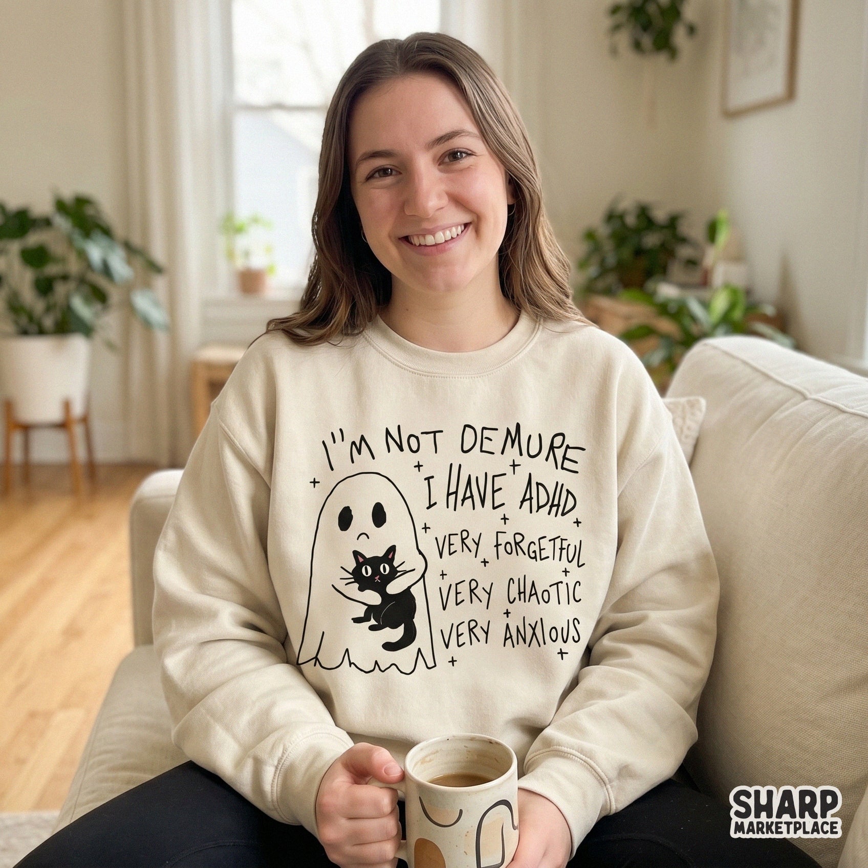 Spooky season digital graphic featuring a ghost and cat with relatable ADHD quotes in a hand-drawn, sketchy aesthetic for DIY print projects.