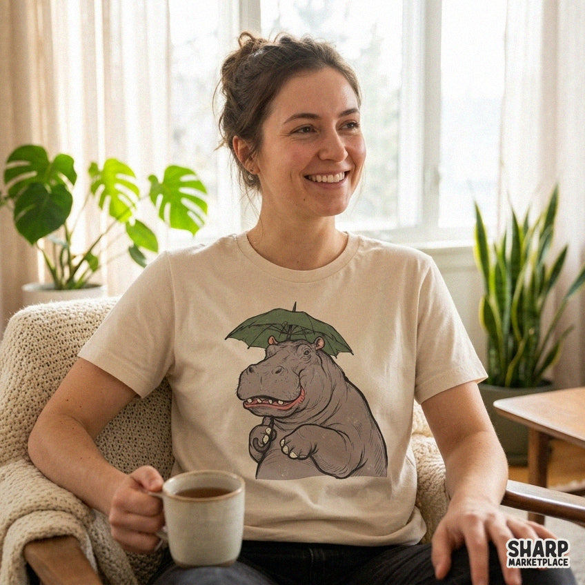 Cute smiling hippopotamus holding a green umbrella funny animal sublimation PNG design for spring rainy day t-shirts