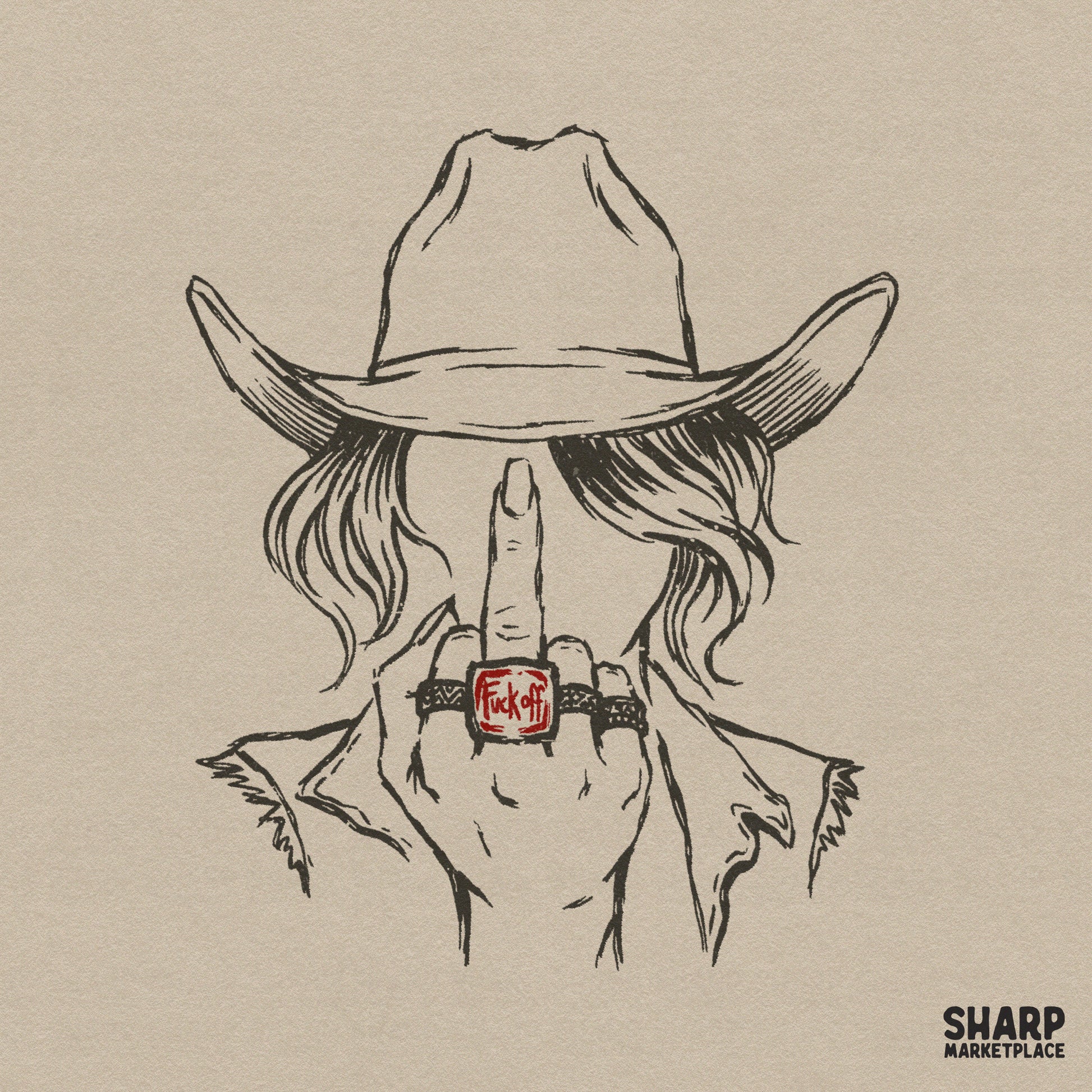 Hand-drawn sketch of a cowgirl wearing a cowboy hat and a red ring with a rude message, isolated on a neutral background for apparel printing.