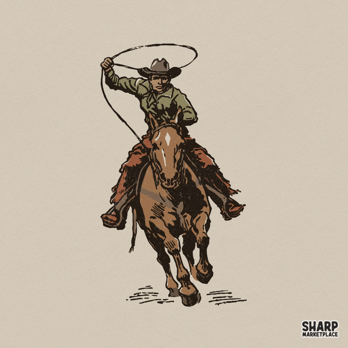 Vintage style cowboy on horseback swinging a lasso, featuring earthy brown and muted green tones for western themed apparel or sublimation projects.