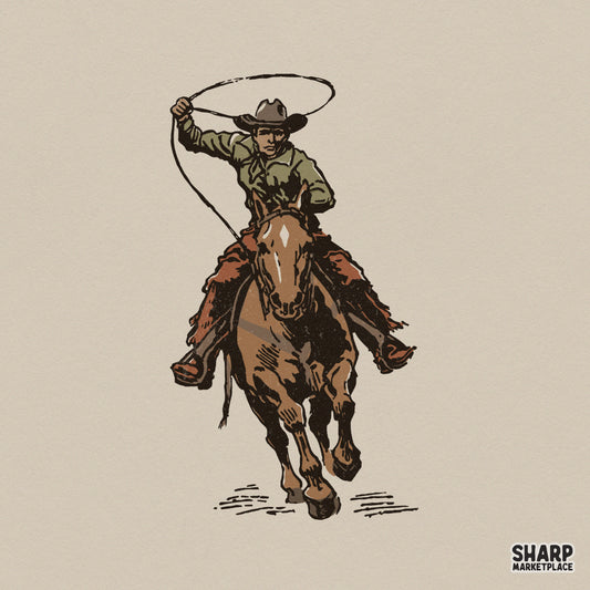 Vintage style cowboy on horseback swinging a lasso, featuring earthy brown and muted green tones for western themed apparel or sublimation projects.