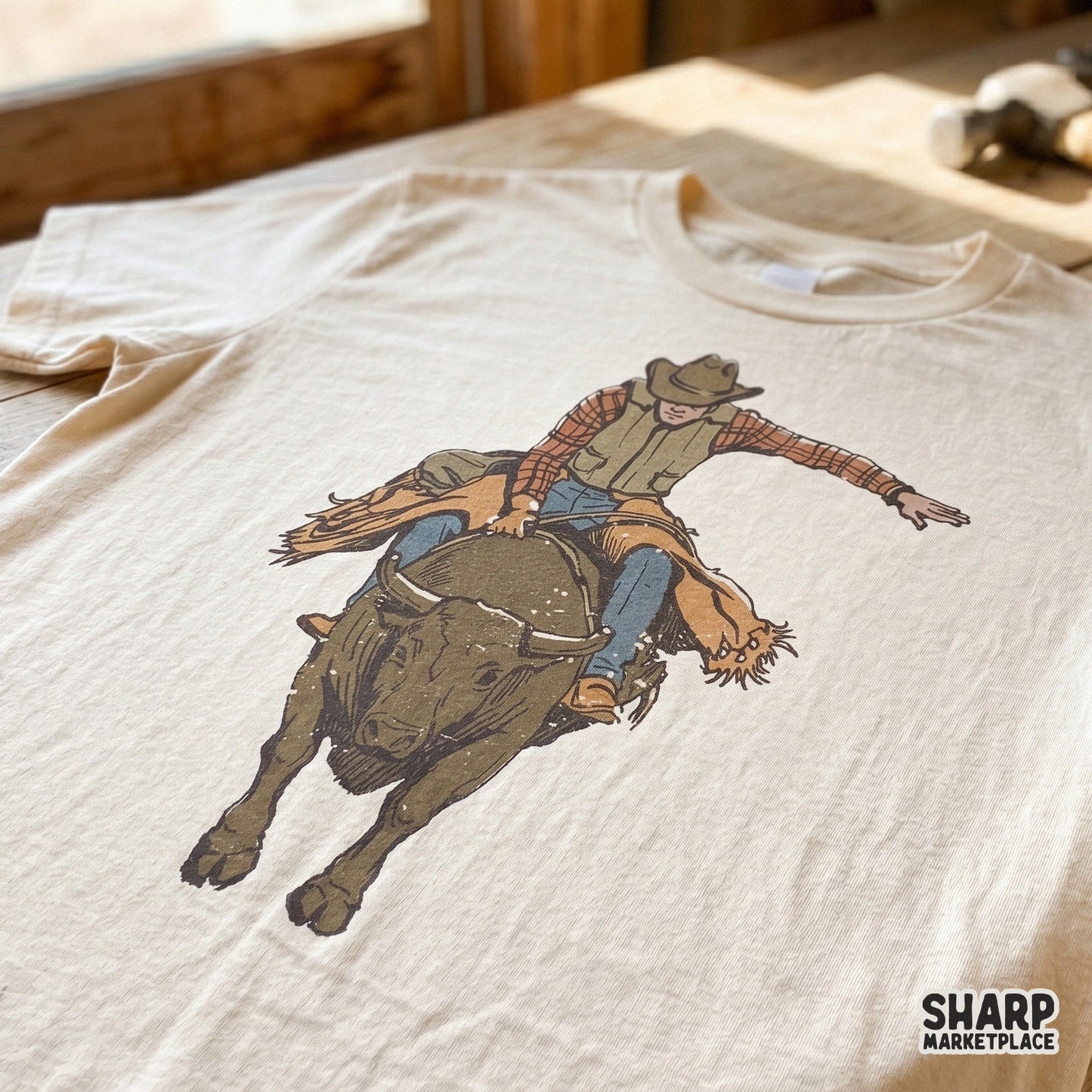 High-resolution bull rider sublimation design with a rustic country style, ideal for creating custom apparel, stickers, and western-themed wall art.