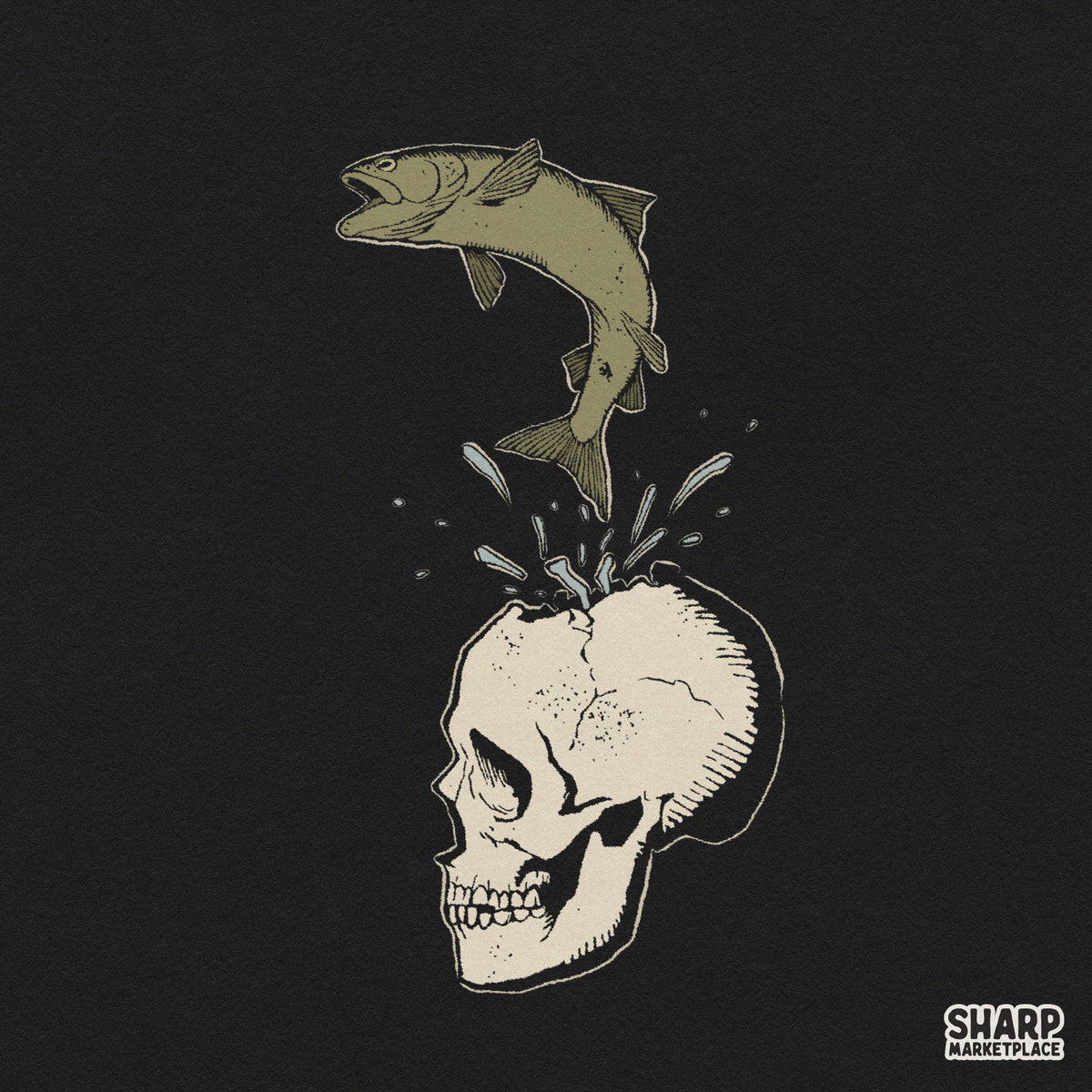 Surreal weirdcore fishing art of a fish jumping out of a cracked skull PNG print for t-shirts and sublimation