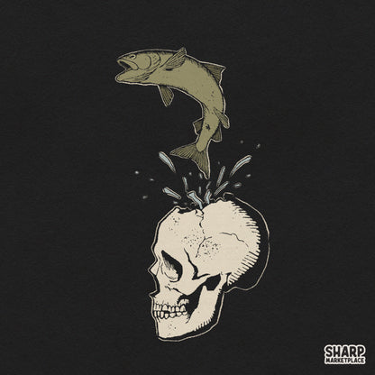 Surreal weirdcore fishing art of a fish jumping out of a cracked skull PNG print for t-shirts and sublimation