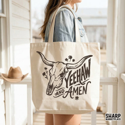 Charcoal-toned western bull skull design featuring hand-lettered Yeehaw and Amen text, perfect for country-themed sublimation or apparel.
