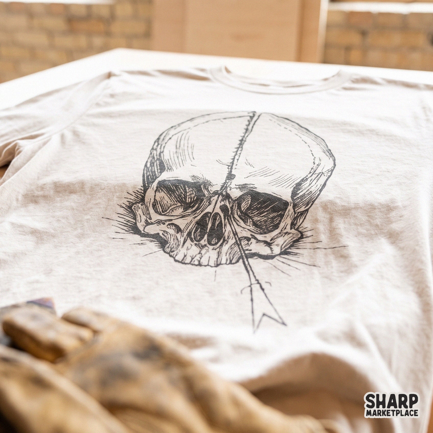 Vintage pierced skull sketch in dark gothic illustration style for retro Halloween shirts and spooky sublimation designs