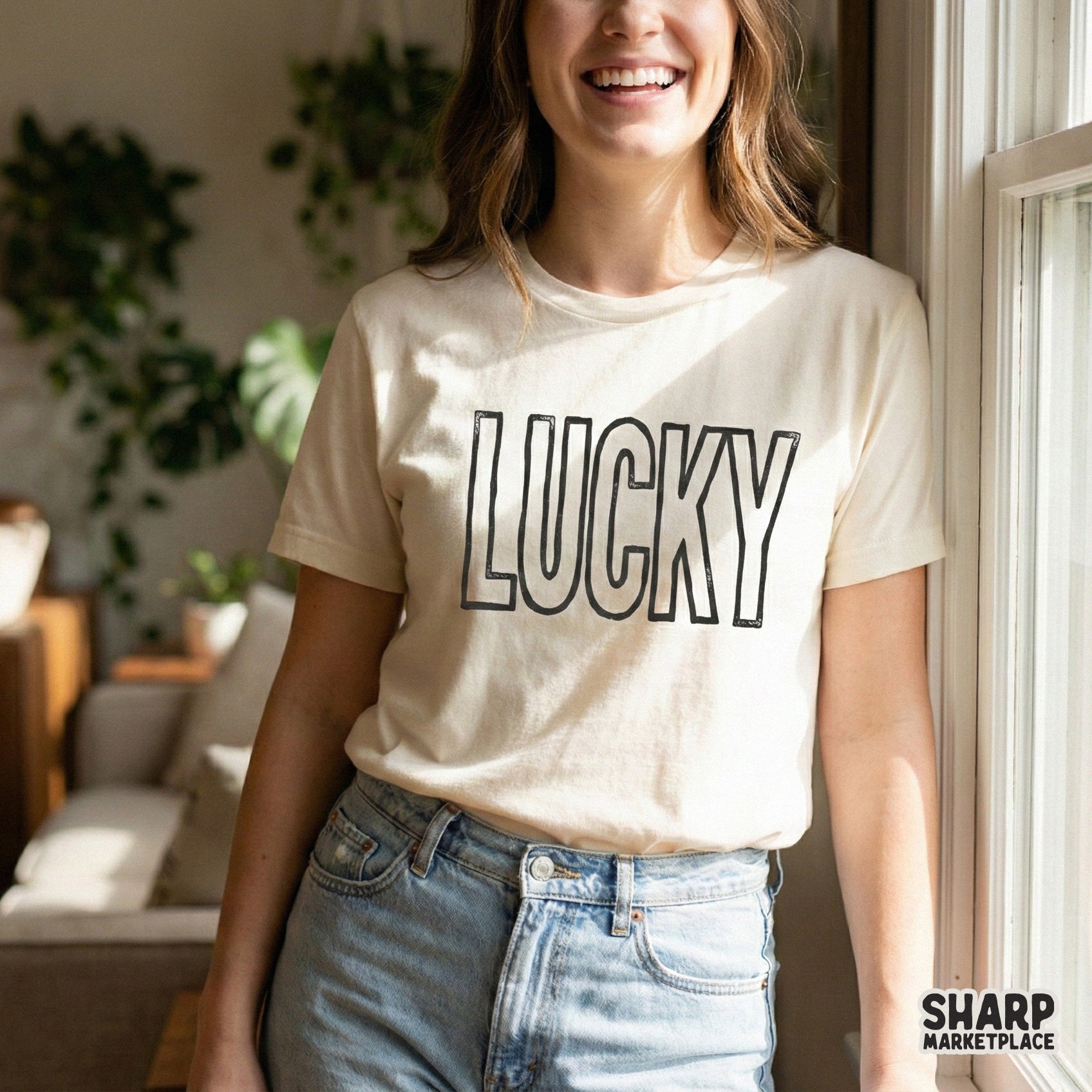 Digital download of the word Lucky in a tall, hand-drawn block font with a rustic outline, ideal for custom holiday apparel, stickers, and tumblers.