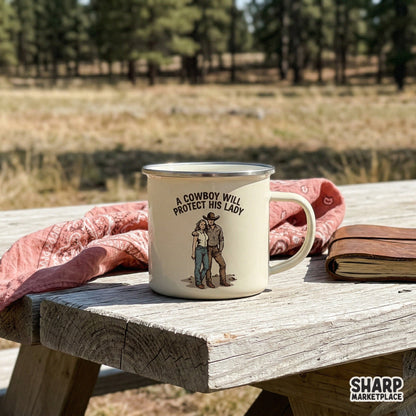 Hand-drawn country style illustration of a romantic couple in denim and western wear, featuring the text A Cowboy Will Protect His Lady.