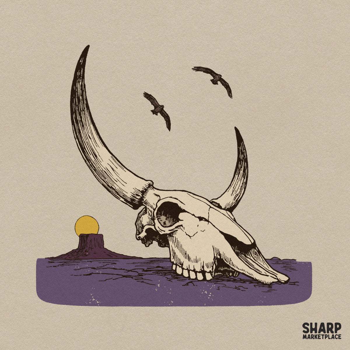 Rustic Desert Bull Horns Mesa Scene Print, Western PNG