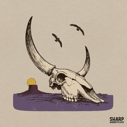 Rustic Desert Bull Horns Mesa Scene Print, Western PNG