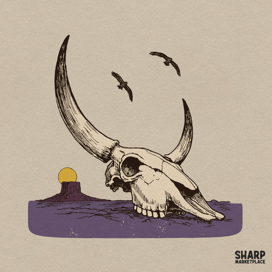 Rustic Desert Bull Horns Mesa Scene Print, Western PNG