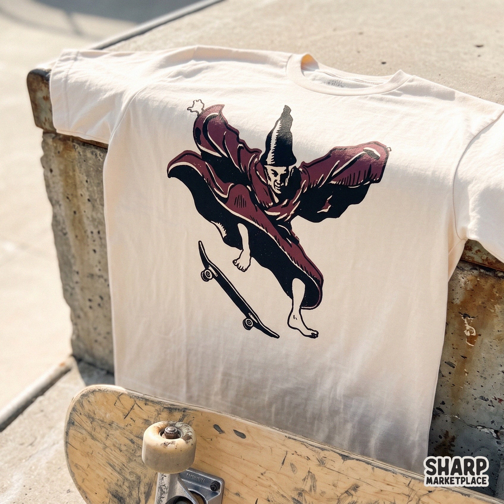 Retro funny skateboarding wizard doing a kickflip vintage illustration for sarcastic sublimation shirts and stickers