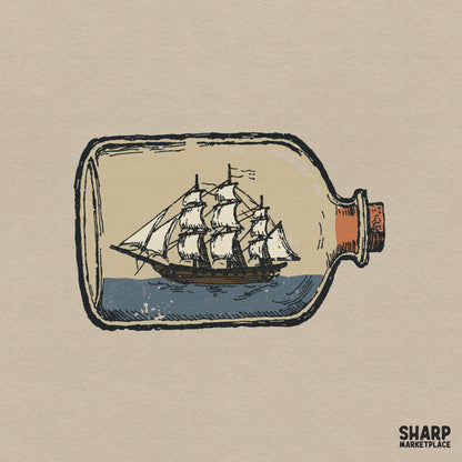 Vintage hand-drawn illustration of a three-masted sailing ship inside a glass bottle with a cork, featuring muted blue and earth tones.