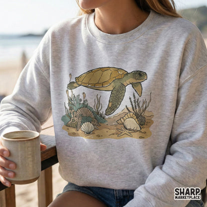 Ocean-themed digital design featuring a swimming turtle and sandy seabed, ideal for DIY crafts, tumblers, printable journals, and summer apparel.