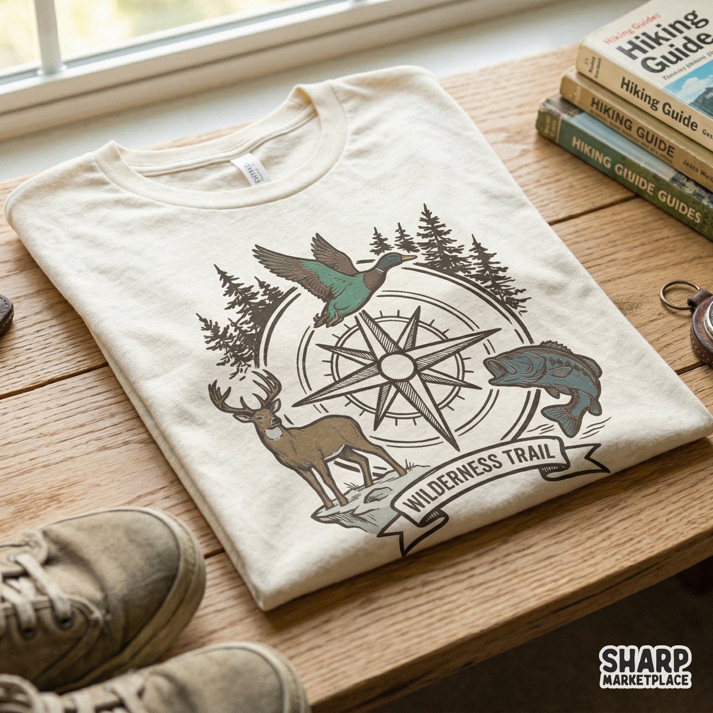 Outdoor sporting design featuring a compass, buck, duck, and bass with a distressed banner, suitable for DTF printing and custom apparel projects.