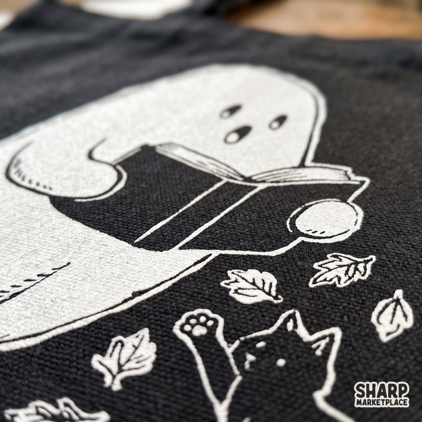 Cute ghost reading a book with a black cat sublimation fall PNG for Halloween shirts