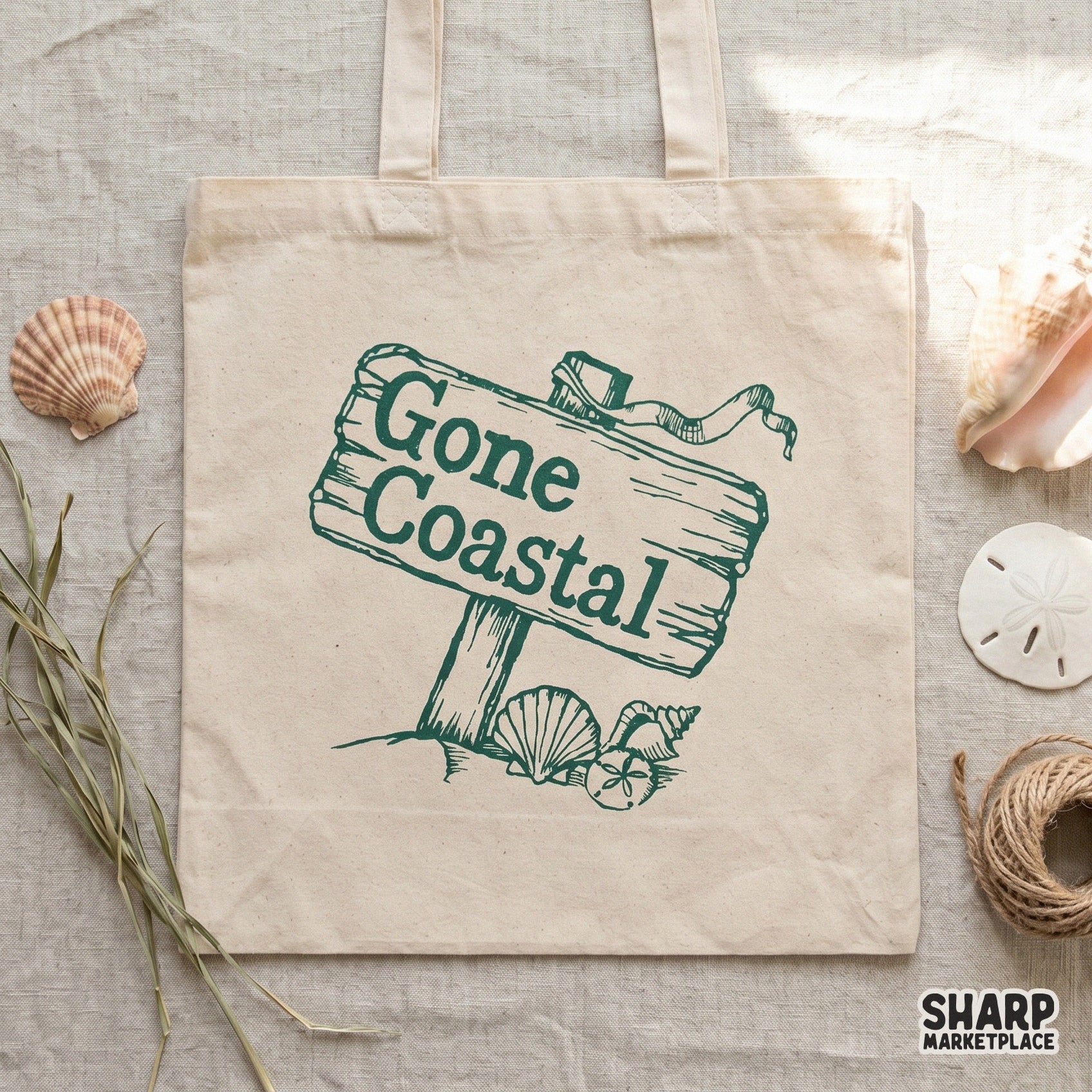 Gone Coastal retro summer PNG featuring a wooden sign with sea shells for beach t-shirts and coastal home decor