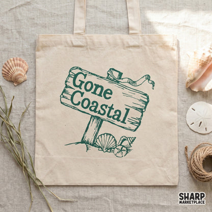 Gone Coastal retro summer PNG featuring a wooden sign with sea shells for beach t-shirts and coastal home decor