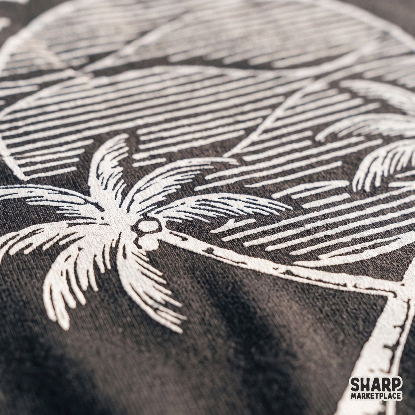 Monochrome sunset circle with crossed tropical trees and surf aesthetic for summer beach vibes custom shirts