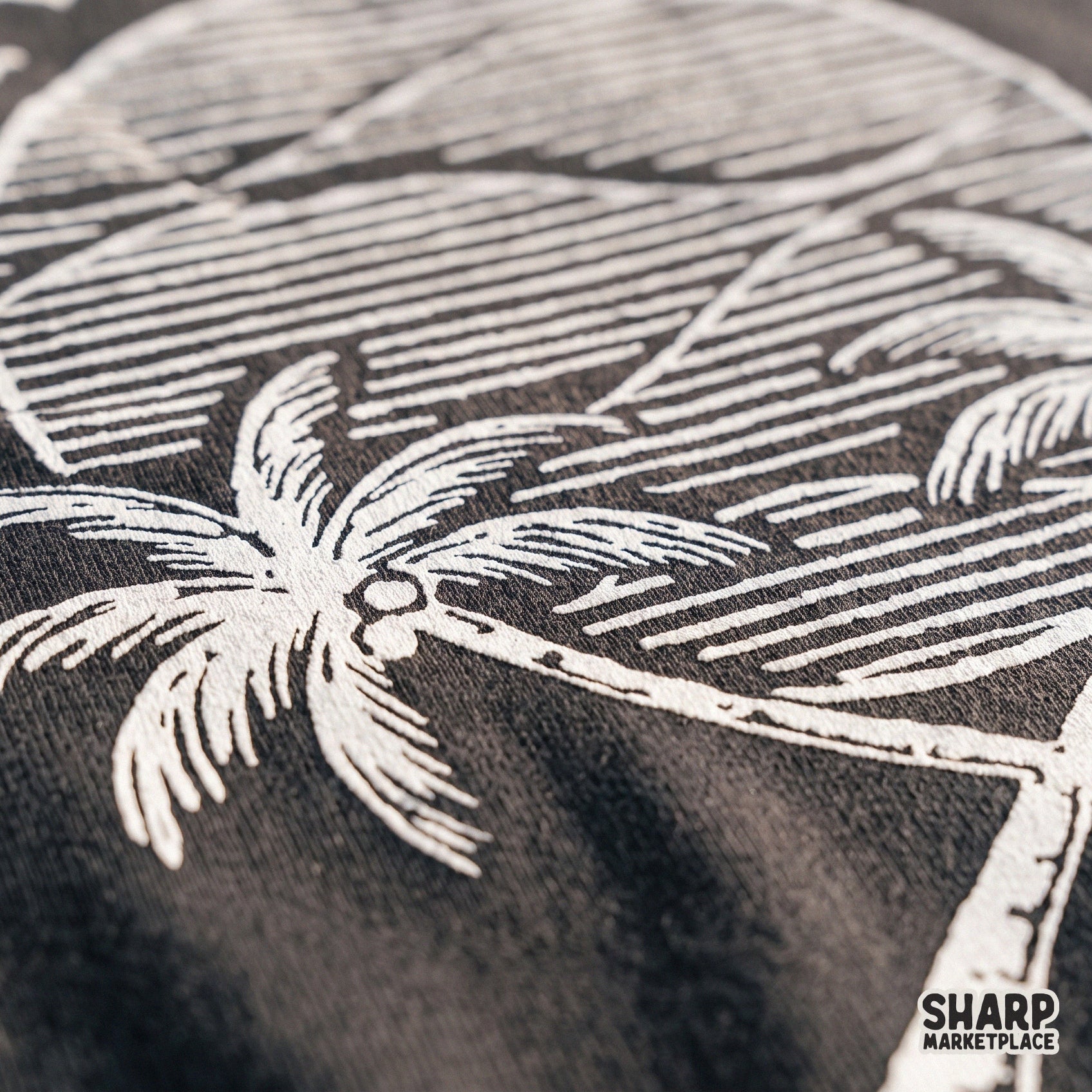 Monochrome sunset circle with crossed tropical trees and surf aesthetic for summer beach vibes custom shirts
