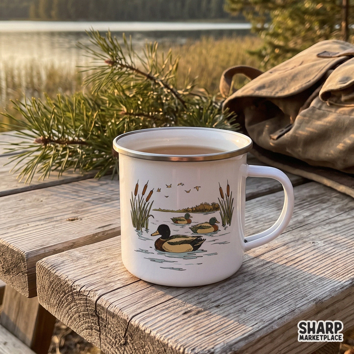 Retro mallard ducks swimming in a pond with cattails scene for outdoor sublimation shirts and waterfowl art