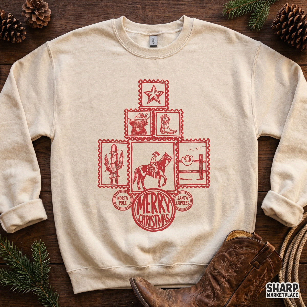 Merry Christmas western PNG design featuring a highland cow Santa stamp and cowboy boot for holiday t-shirt sublimation