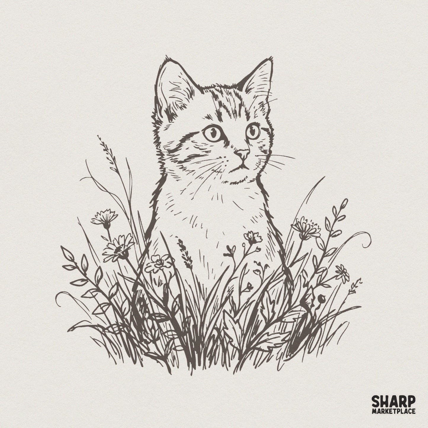 Hand-drawn sketch of a curious kitten sitting in a field of wildflowers and tall grass, black line art on a light background for digital projects.