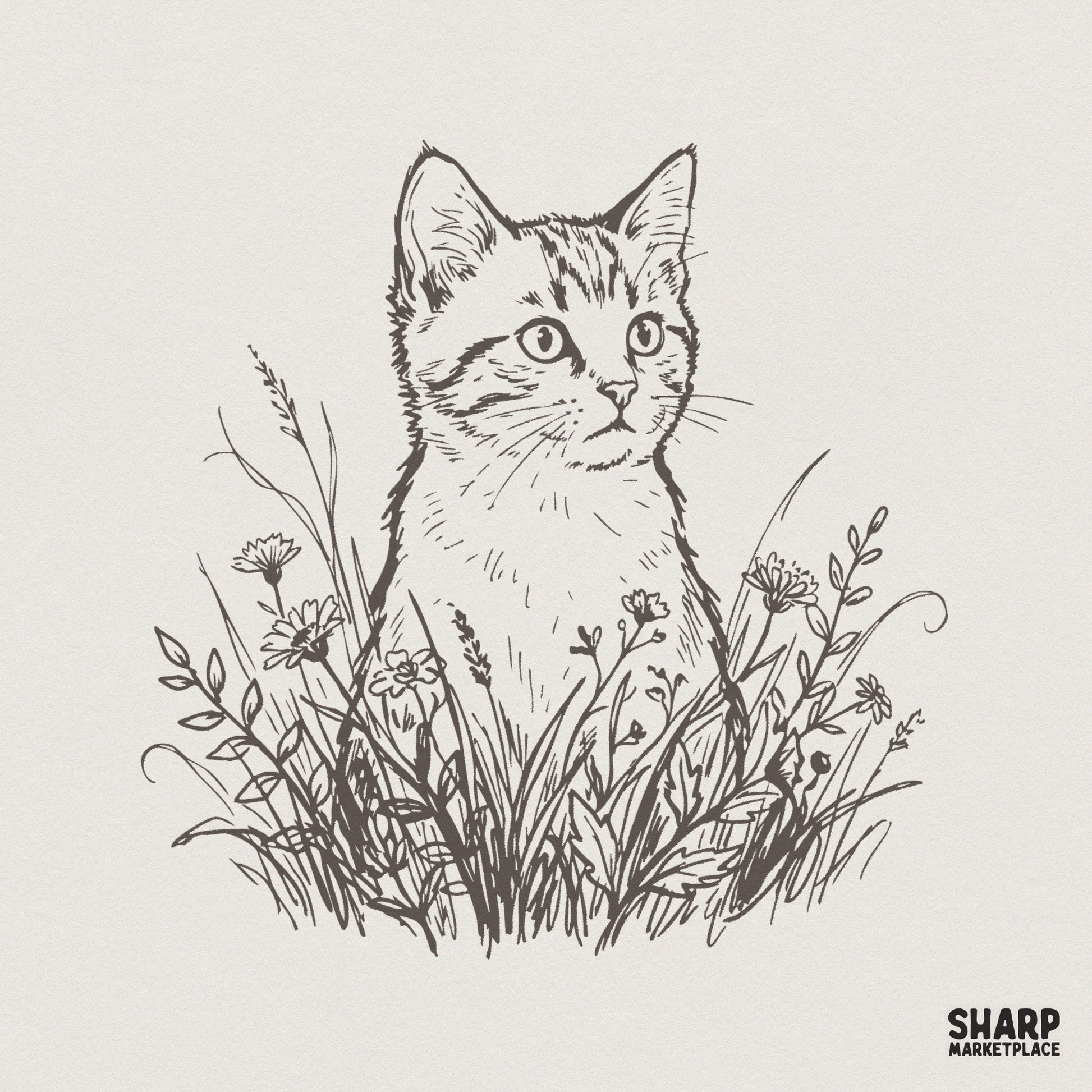 Hand-drawn sketch of a curious kitten sitting in a field of wildflowers and tall grass, black line art on a light background for digital projects.