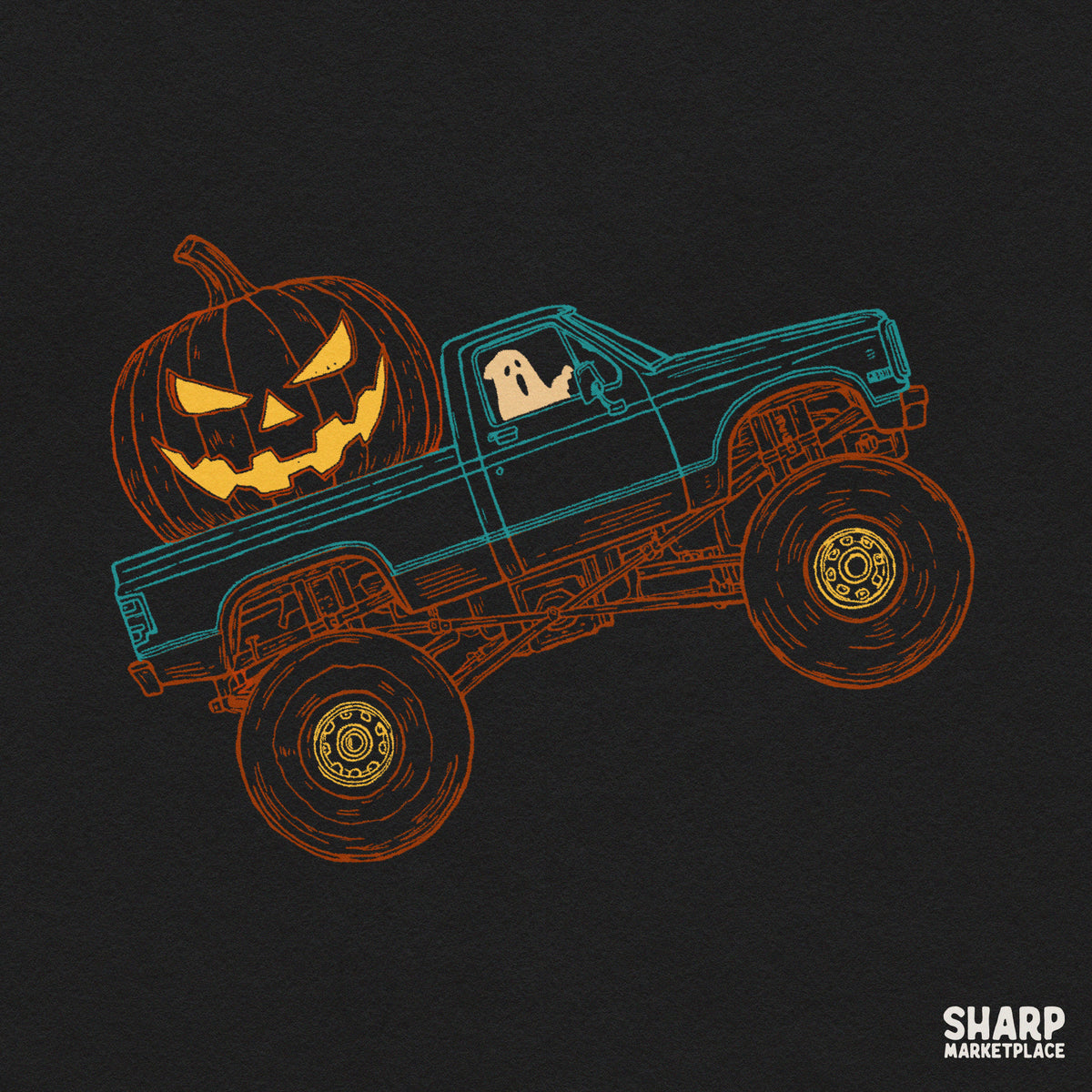 Vintage monster truck with glowing jack-o'-lantern and ghost driver retro Halloween PNG design