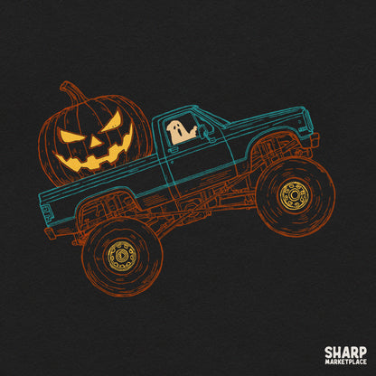 Vintage monster truck with glowing jack-o'-lantern and ghost driver retro Halloween PNG design