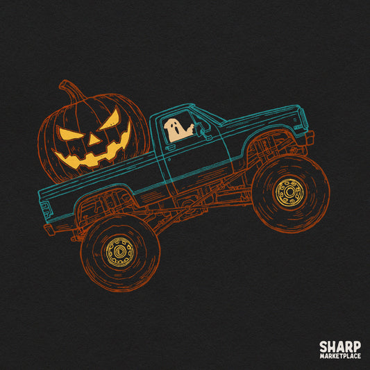 Vintage monster truck with glowing jack-o'-lantern and ghost driver retro Halloween PNG design