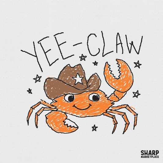 Hand-drawn orange crab wearing a brown cowboy hat with a star, surrounded by stars and the text Yee-Claw, perfect for coastal western apparel designs.