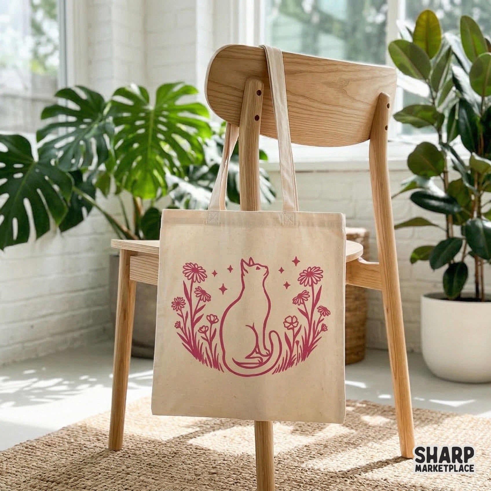 Cottagecore style cat illustration with botanical wildflowers and starry accents, ideal for custom t-shirt printing or nature-themed wall art.