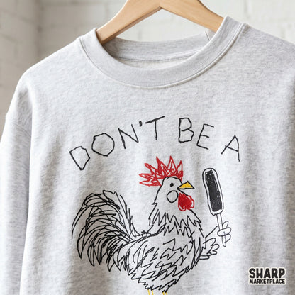 Whimsical chicken illustration in a messy sketch style, suitable for print-on-demand products, stickers, and sarcastic farmhouse wall art.