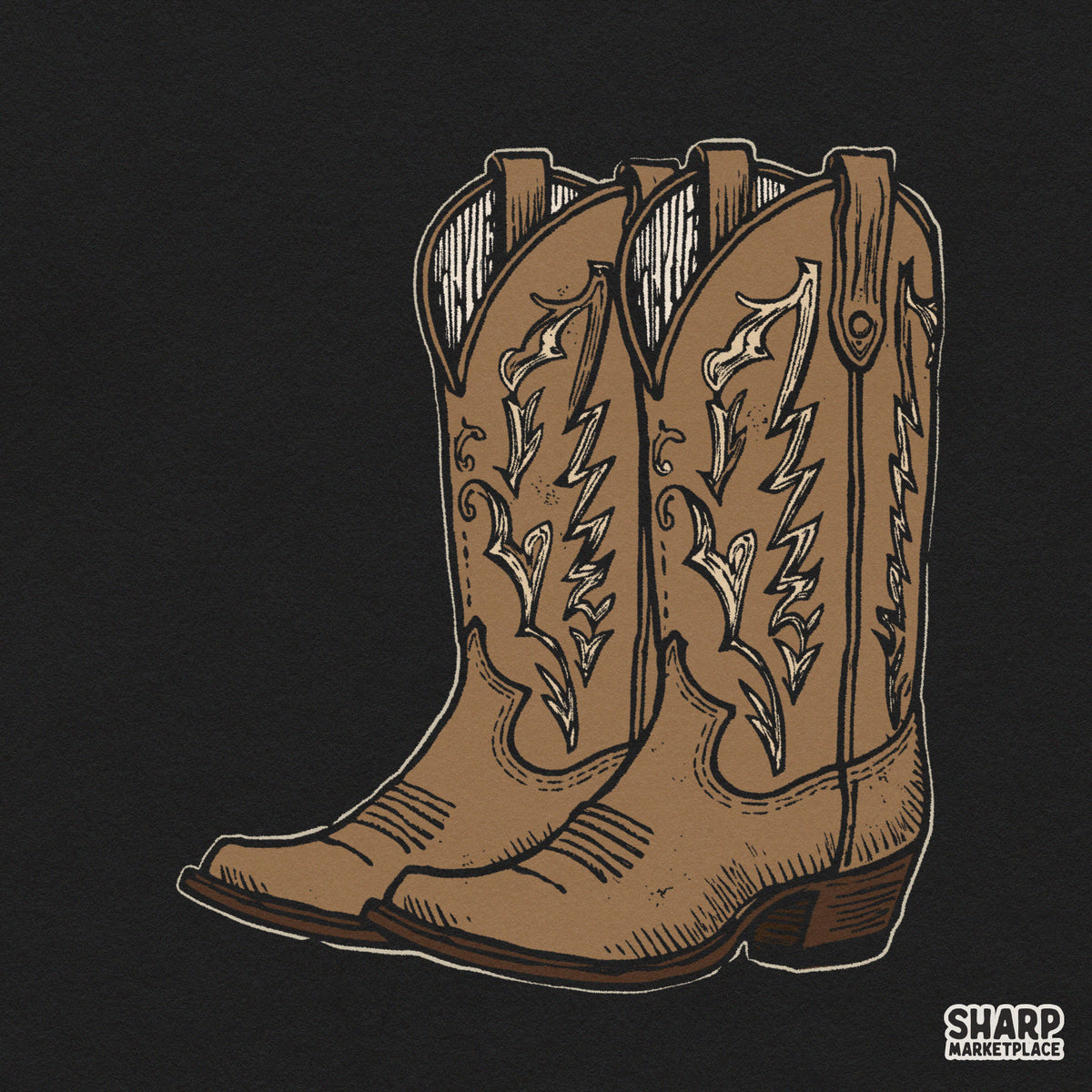Vintage western cowboy boots illustration PNG for country music t-shirts, rodeo gear, and trendy fall decor