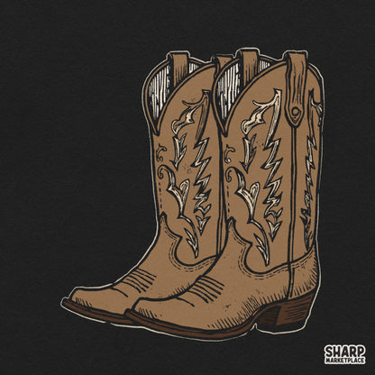 Vintage western cowboy boots illustration PNG for country music t-shirts, rodeo gear, and trendy fall decor