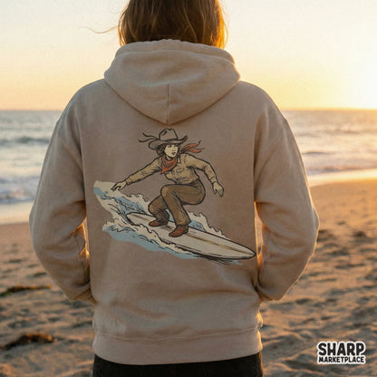 Hand-drawn cowgirl surfer graphic with a muted color palette, suitable for DIY print-on-demand projects, wall art, and custom clothing transfers.