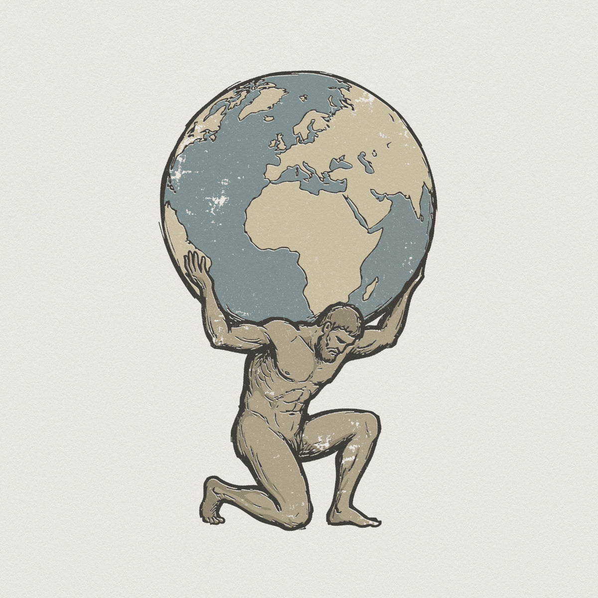Vintage style illustration of a kneeling ancient hero holding a detailed globe on his shoulders, featuring muted earthy tones for apparel prints.