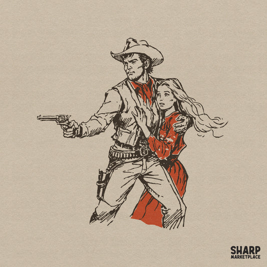 Retro western outlaw couple illustration featuring a cowboy with a pistol shielding a woman in a red dress, isolated on a neutral background.