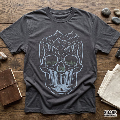 Spooky optical illusion mountain skull waterfall PNG design for Halloween shirts, tumblers and sublimation crafts