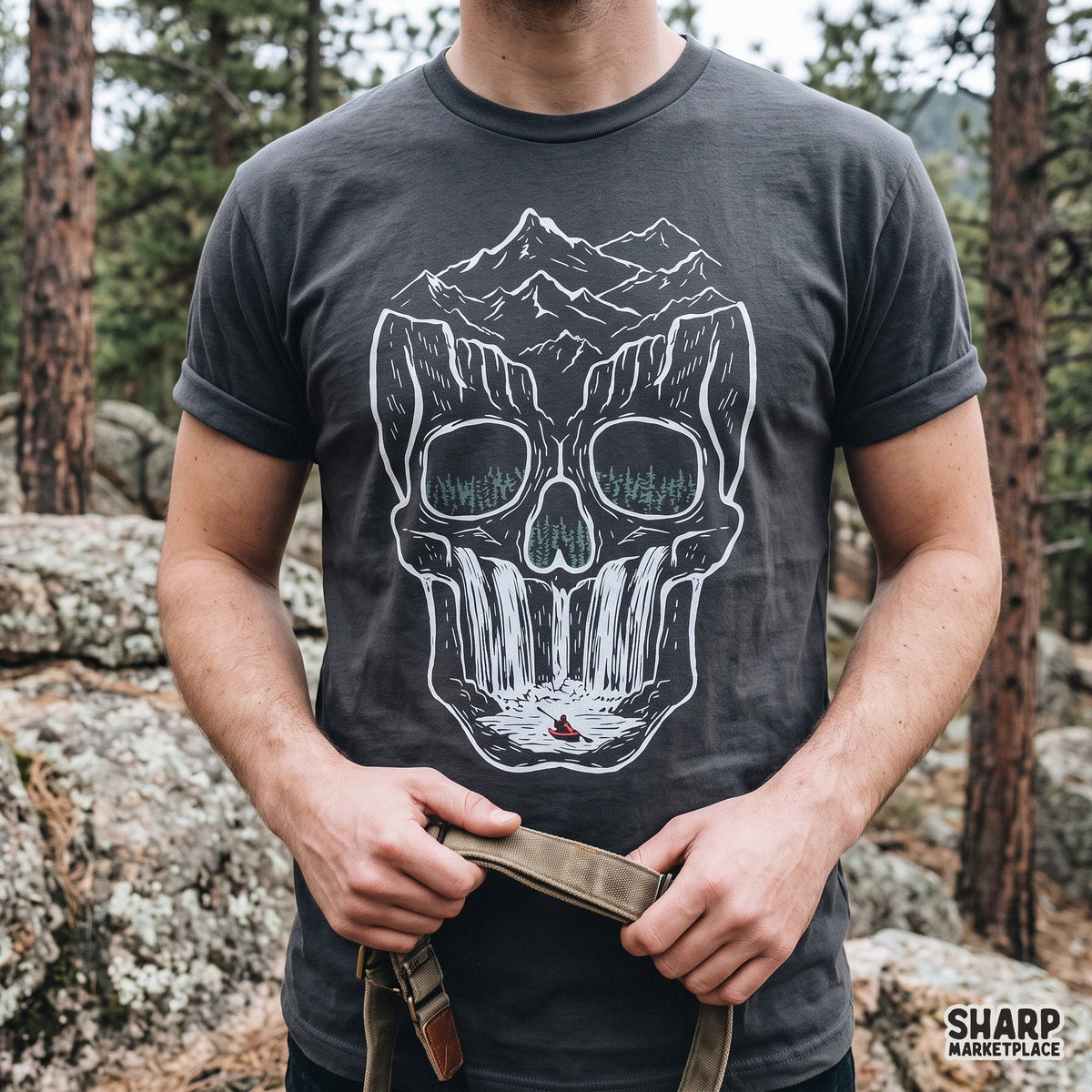 Optical illusion mountain skull waterfall with forest eyes PNG perfect for Halloween sublimation apparel
