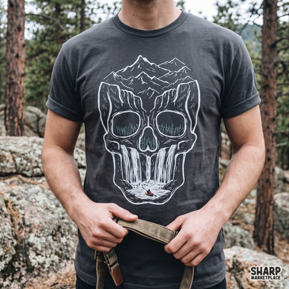 Optical illusion mountain skull waterfall with forest eyes PNG perfect for Halloween sublimation apparel