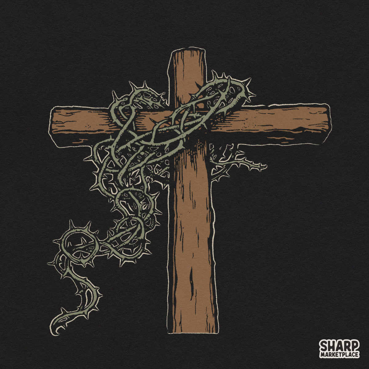 Wooden cross wrapped in thorny vines PNG for retro Christian shirt design and religious apparel