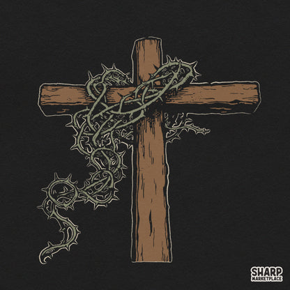 Wooden cross wrapped in thorny vines PNG for retro Christian shirt design and religious apparel