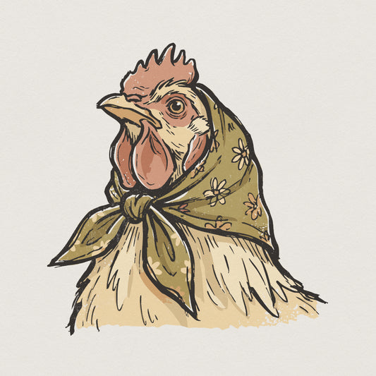 Vintage style hen wearing a green floral headscarf, featuring rustic olive and terracotta tones for farmhouse sublimation, apparel, or wall art.