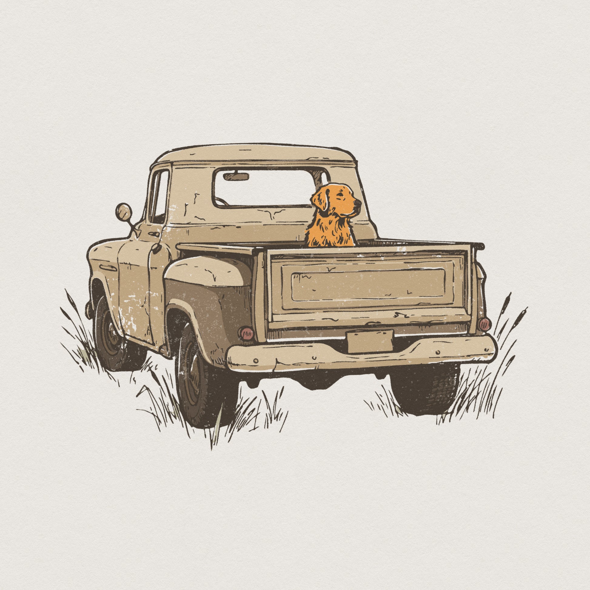 Hand-drawn vintage tan pickup truck with a golden retriever in the truck bed, rustic farm style clipart for sublimation and apparel printing.
