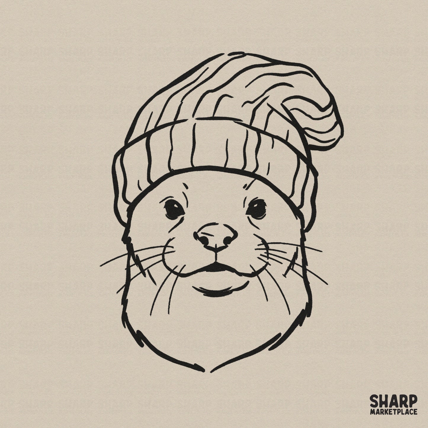 Minimalist black line art of a cute otter wearing a slouchy knit beanie, perfect for woodland-themed apparel, stickers, or sublimation projects.