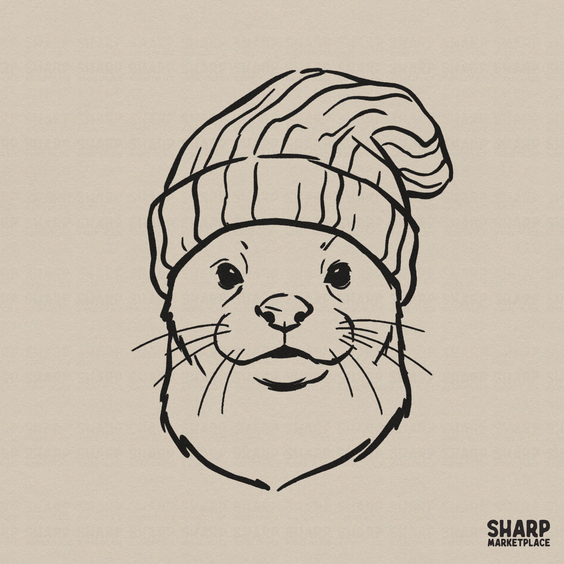 Minimalist black line art of a cute otter wearing a slouchy knit beanie, perfect for woodland-themed apparel, stickers, or sublimation projects.