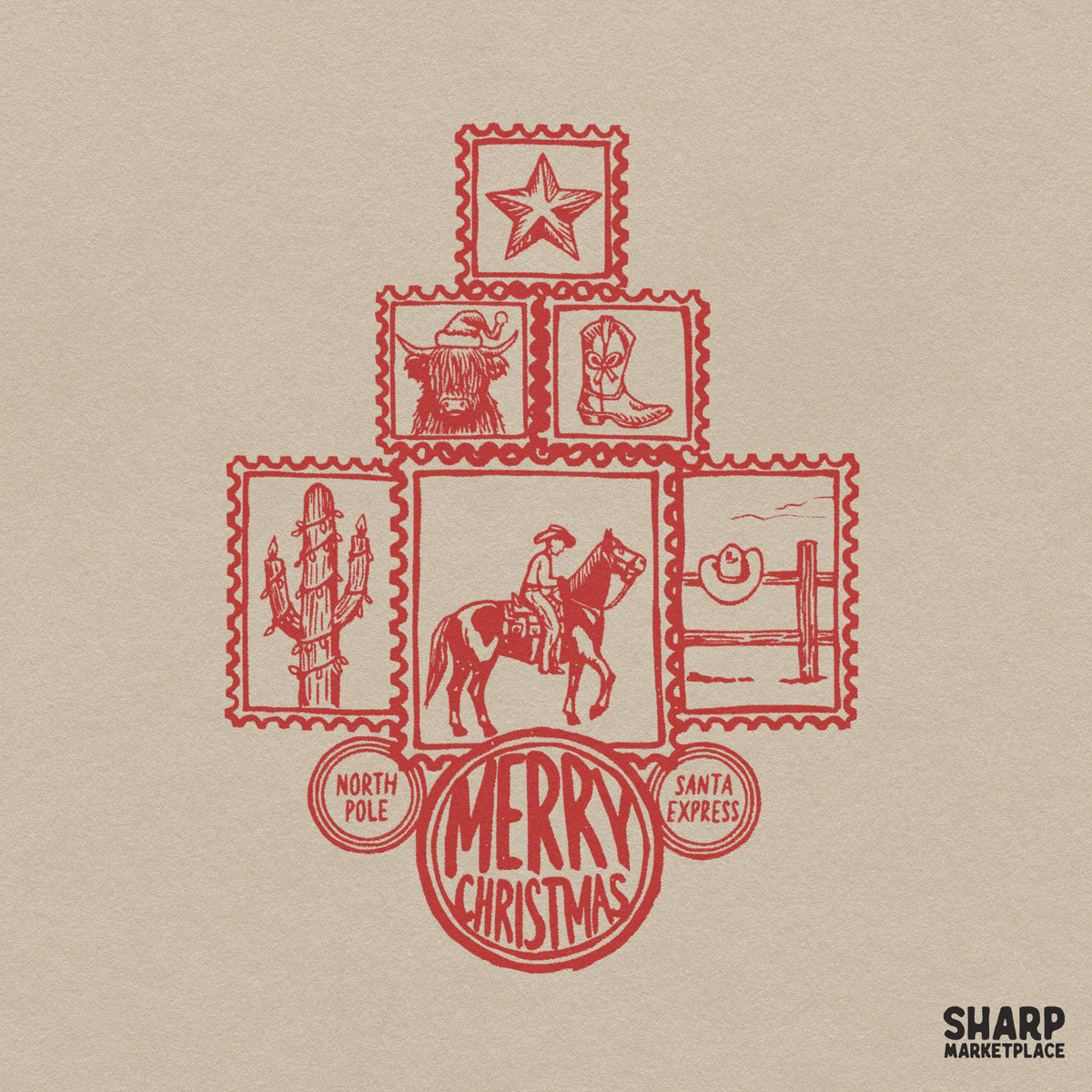 Western Highland Cow Santa stamp PNG design for Merry Christmas t-shirts and holiday sublimation gifts